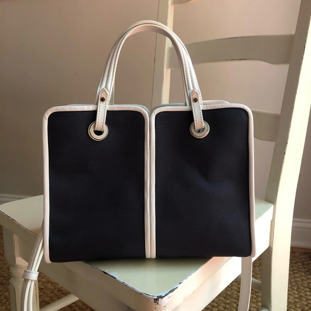 New: Kate Spade Sam Canvas Satchel. Navy with White Leather.